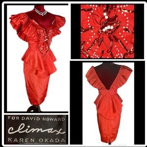 🐚Vintage Taffeta Backless Ruffled Peplum Climax David Howard Cocktail Dress